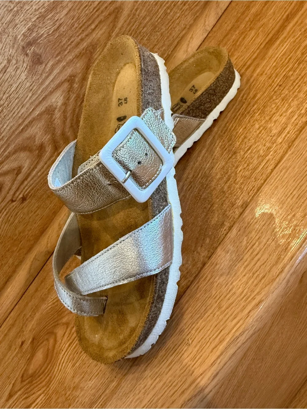 NATO Silver Buckle Strappy Slide Sandals 37